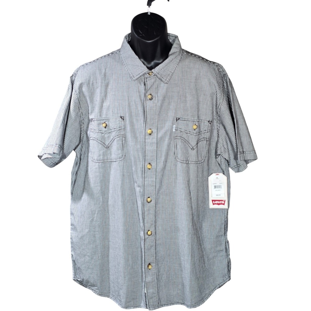 Levi's Western Shirt‎ Short Sleeve Gingham Plaid Pockets XXL Black White NWT